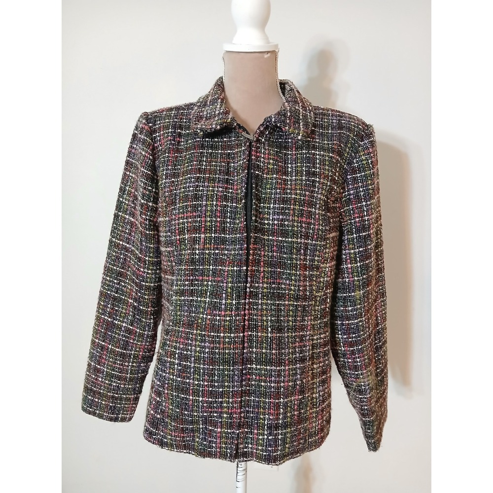 Christopher & Banks Womens Large Multicolor Tweed Zip Front Jacket Coat Lined